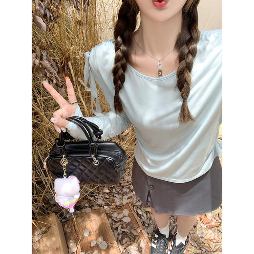 【110元任选2件】现货！抽绳绑带大领口长袖T恤女修身 商品图4