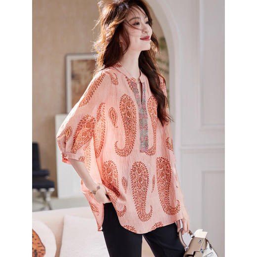 Ａ34757品质遮肚减龄中年女舒适大码波西米亚风衬衫宽松中长款真丝衬衣 商品图2