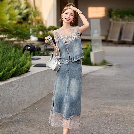 高级感港风复古牛仔设计感2025年夏季蕾丝拼接马甲半身裙两件套BBL2570 商品图2