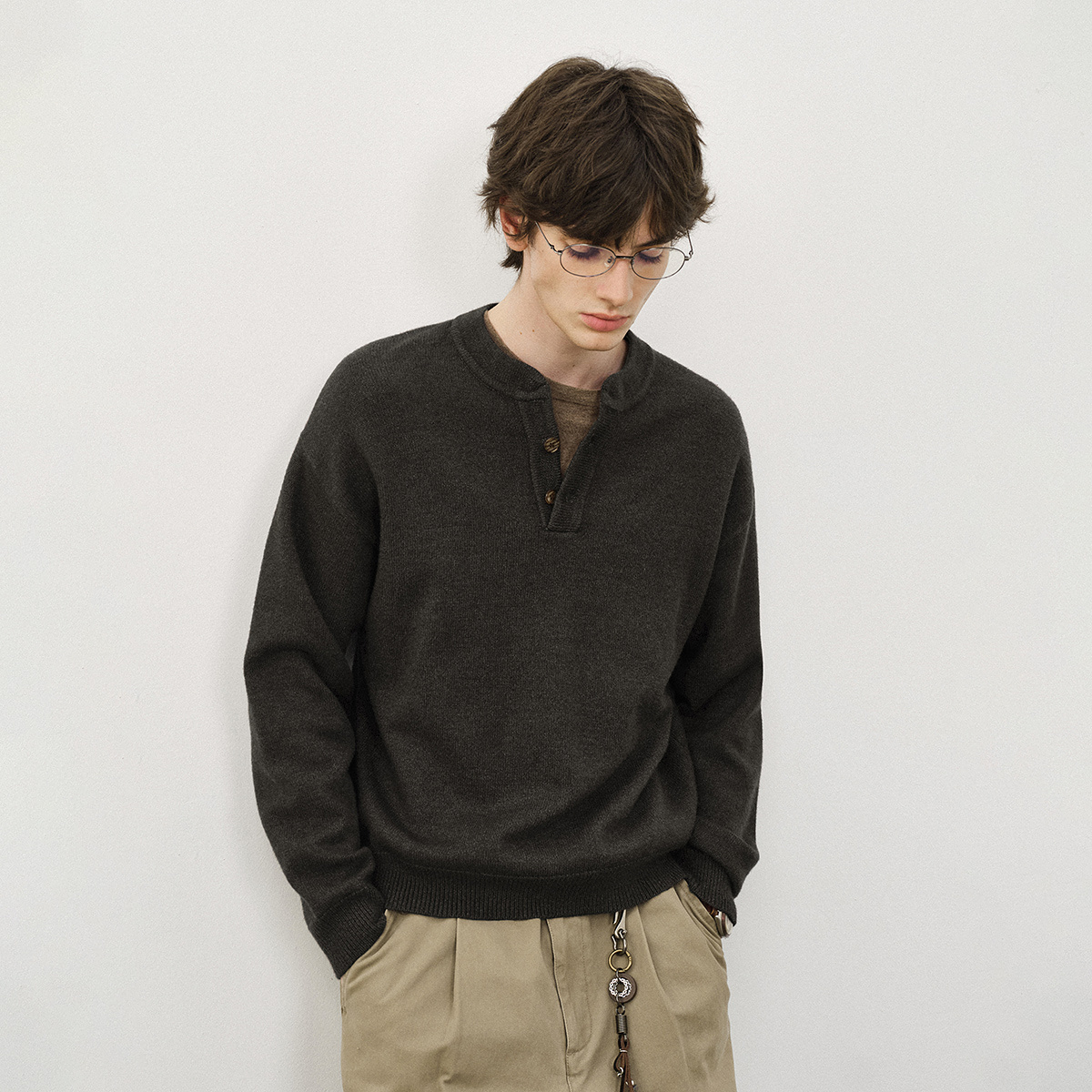 714street复古亨利领黑色毛衣男2025秋冬新款亲肤挺括合身针织衫