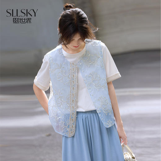 【08/06新品】熙世界新中式珠片绣花马甲女2025年夏秋新款气质坎肩国风无袖上衣 商品图0