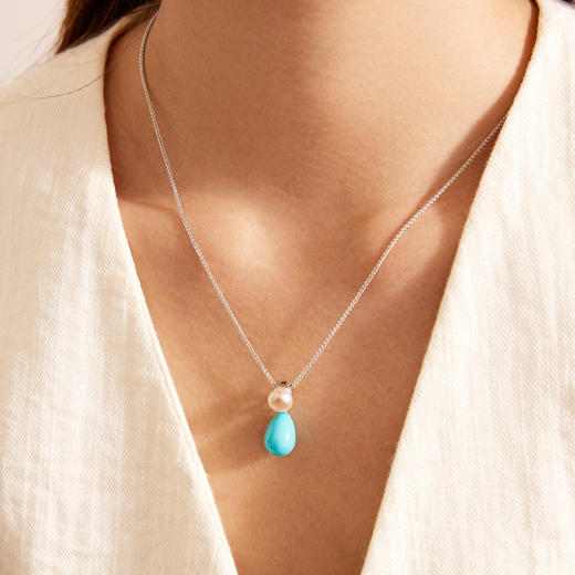 Manreya玛芮雅“海露未央”绿松石珍珠项链耳环套装复古赫本风高级感|合成绿松，淡水珍珠 商品图5