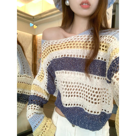 【129元任选2件】现货！韩系慵懒镂空钩花条纹针织衫 商品图1