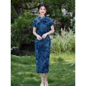 ＬＳＢ3918新中式改良旗袍蓝色植绒修身显瘦年轻款复古民国风2025年夏季新款
