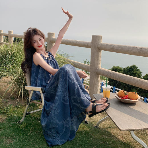 蓝色度假风复古印花无袖背心套装，宽松减龄半身裙两件套HR-6117 商品图3