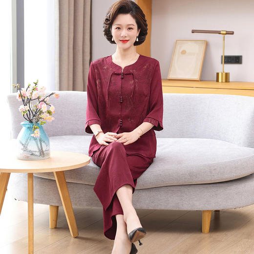 W503-D155-86-138岁60妈妈夏装套装国风短袖中老年女奶奶装宽松衬衫冰丝上衣裤子 商品图2