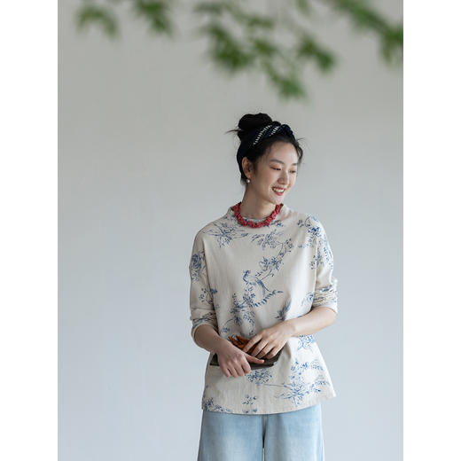 牧衣游原创印花纯棉T恤早秋新品素雅文艺圆领宽松百搭长袖 寻茶归 商品图3