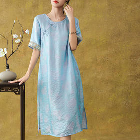 【预售3天】PY 复古文艺中长款斜襟盘扣短袖连衣裙 &EY-G16