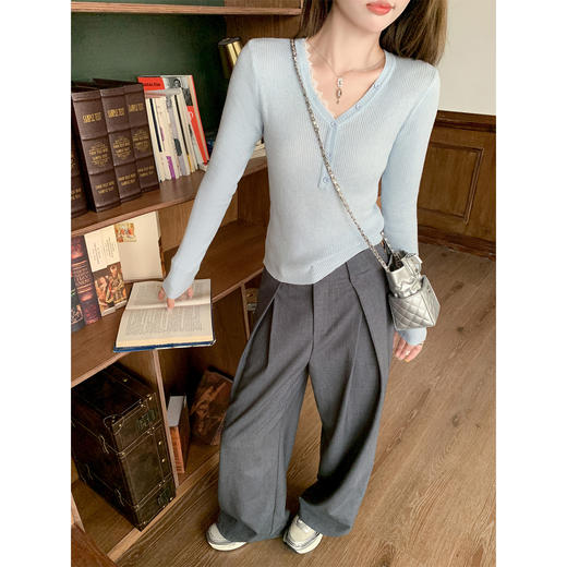 <曾小咸推荐>现货秒杀 ！微信超特价！褶皱蕾丝边阔腿西装裤 日常199.99 立减110 秒杀89.99！！ 商品图1