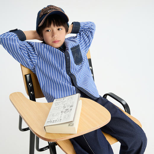 漫画家【氧气蓝衬衫】日系经典牛仔拼接条纹氧气少年感儿童衬衫 商品图1