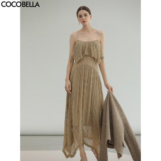 COCOBELLA轻奢细闪蕾丝吊带长裙女不规则大裙摆连衣裙FR3231 商品图0