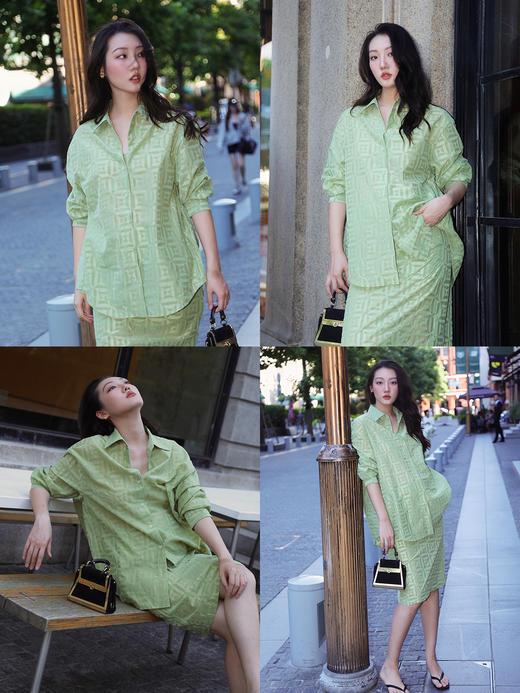 HIDEMI经典几何印花植绒复古剪刀领宽松衬衫半裙套装 牛油果绿/奶咖棕 商品图2