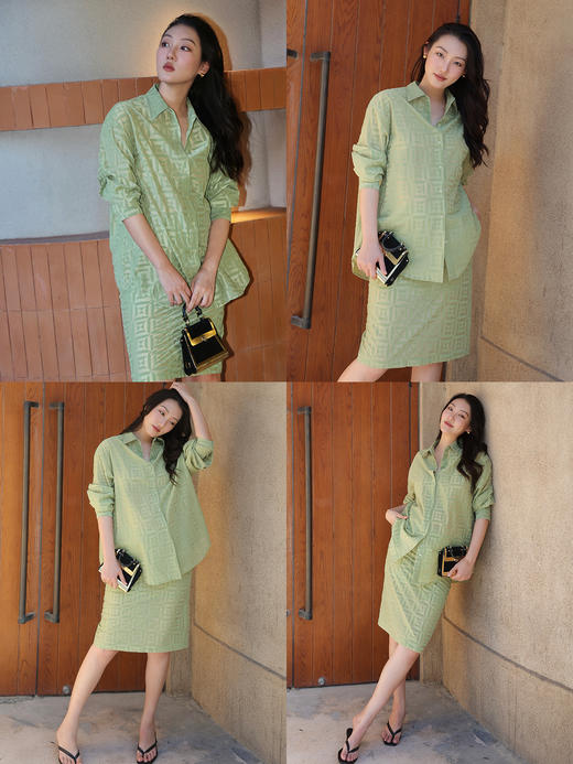 HIDEMI经典几何印花植绒复古剪刀领宽松衬衫半裙套装 牛油果绿/奶咖棕 商品图3