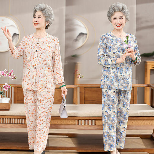 中老年人棉绸睡衣套装，妈妈长袖绵绸两件套奶奶装开衫人造棉家居服TH-8024 商品图1
