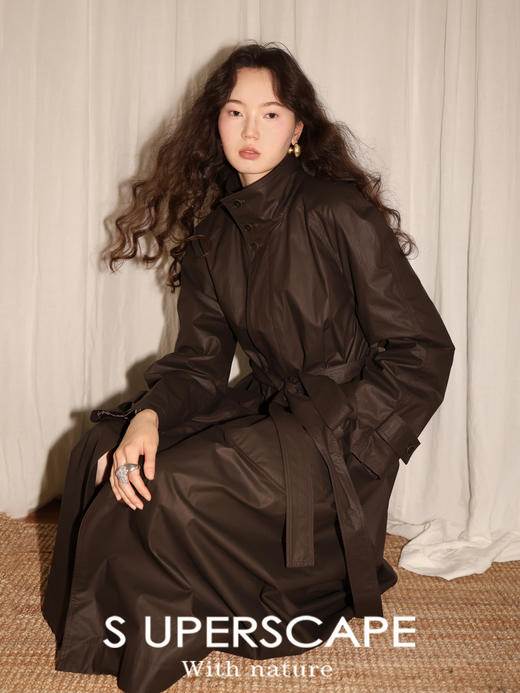 【8/6新品】素舶涂层哑光棉立翻领复古大口袋长款风衣 商品图3