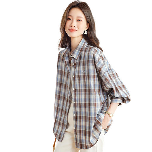 【特惠不退换】复古翻领格子长袖衬衫女秋新款通勤韩系宽松百搭刺绣衬衣    MJ-56063 商品图4