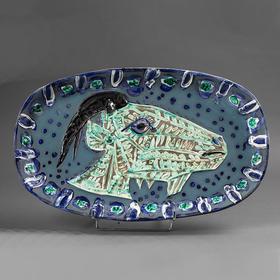 【已售】独角鹿西洋古董西班牙艺术巨匠毕加索与法国Madoura工坊合作出品限量装饰陶盘「Goat's Head in Profile (A.R. 145) 山羊头 145」