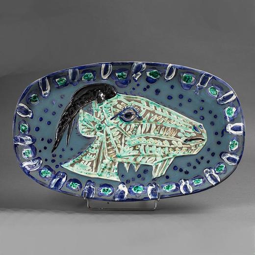 【已售】独角鹿西洋古董西班牙艺术巨匠毕加索与法国Madoura工坊合作出品限量装饰陶盘「Goat's Head in Profile (A.R. 145) 山羊头 145」 商品图0