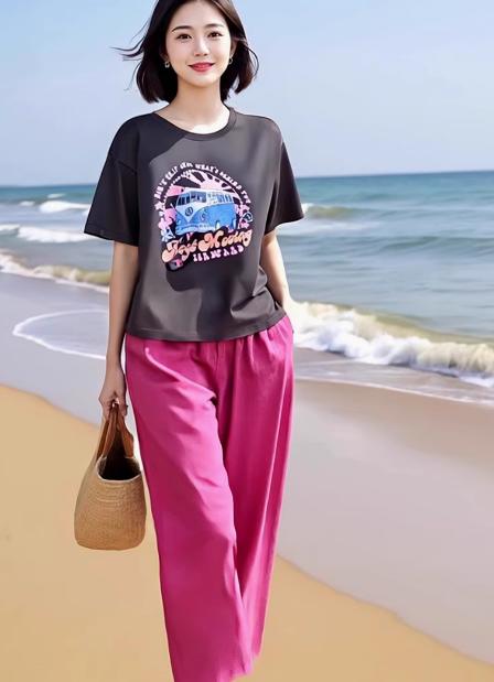 （预售8天发货）慵懒风设计感印花T恤+宽松百搭休闲阔腿裤两件套LJX-457 商品图1