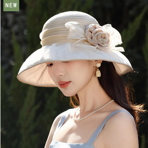 【预售3天】贵气优雅欧根纱防晒帽夏季女士户外防紫外线花朵遮阳帽妈妈太阳帽A17-1-3-M3394 商品图2