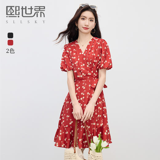 【周四狂欢价】熙世界2025年夏季新款复古黑色碎花连衣裙女高级感V领法式茶歇裙 商品图0
