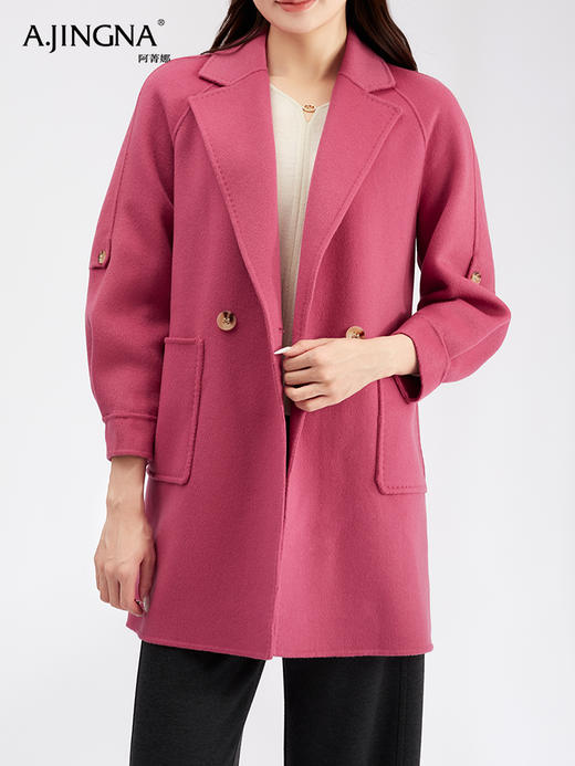 【商城同款】阿菁娜翻领粉色甜美气质显瘦绵羊毛大衣F30D211098 商品图2