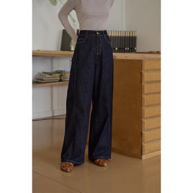SimpleRetro通勤复古高腰直筒牛仔裤阔腿裤