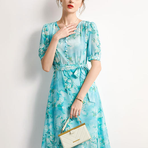 「高货kbnq」全新升级【铂金会员477/天猫639/差价162】(54256)洛诗琳气质真丝印花连衣裙2025夏季双绉蚕丝荷叶边裙子 商品图2