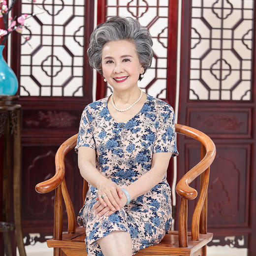 中老年人开襟棉绸睡衣套装，奶奶装短袖开衫休闲家居服妈妈睡衣HYL-2482 商品图1