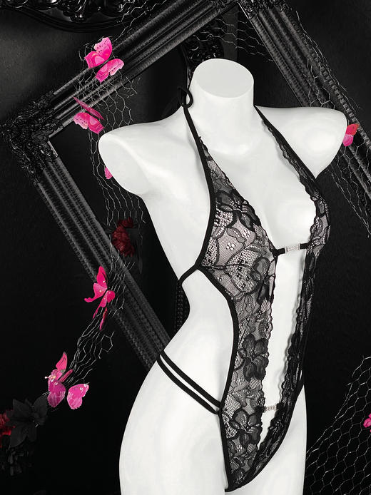 漫渺情趣内衣性感蕾丝深V挂脖连体内透明小胸激情透视免脱诱惑女 商品图11