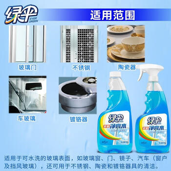 绿伞玻璃净亮水 玻璃车窗清洗剂 不留水痕去污防尘500g*2瓶 /家庭清洁/纸品 /家庭环境清洁 /玻璃清洁剂 商品图0