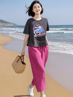 （预售8天发货）慵懒风设计感印花T恤+宽松百搭休闲阔腿裤两件套LJX-457