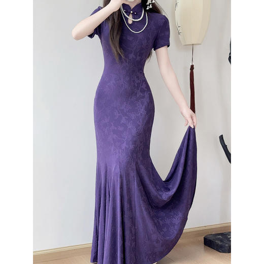 LSB3902《黛花墨语》长款黄色紫色旗袍新中式改良年轻款少女鱼尾裙 商品图0