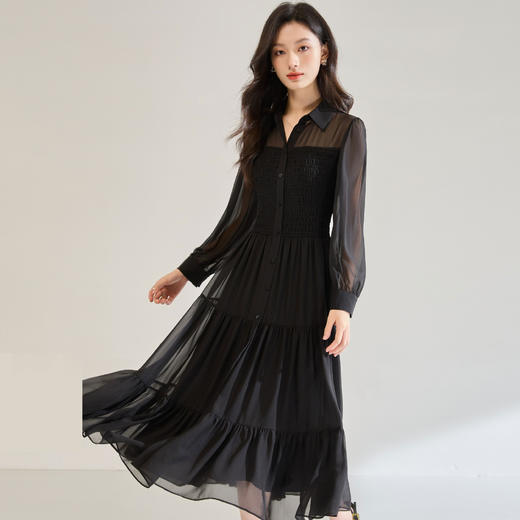 「高货sh」全新升级【铂金会员284/天猫379/差价95】(13914)洛诗琳秋季优雅气质收腰抽褶灯笼袖黑色雪纺长款连衣裙女sh13914 商品图1
