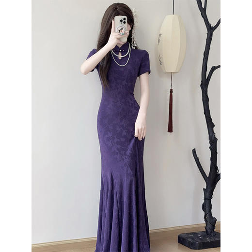 LSB3902《黛花墨语》长款黄色紫色旗袍新中式改良年轻款少女鱼尾裙 商品图4