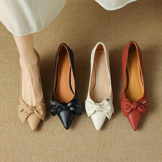 【预售5天】软羊皮真皮红色小跟高跟鞋，红色蝴蝶结尖头单鞋YF&d6096 商品图3