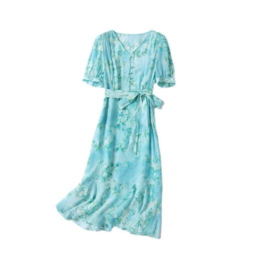 「高货kbnq」全新升级【铂金会员477/天猫639/差价162】(54256)洛诗琳气质真丝印花连衣裙2025夏季双绉蚕丝荷叶边裙子 商品图4