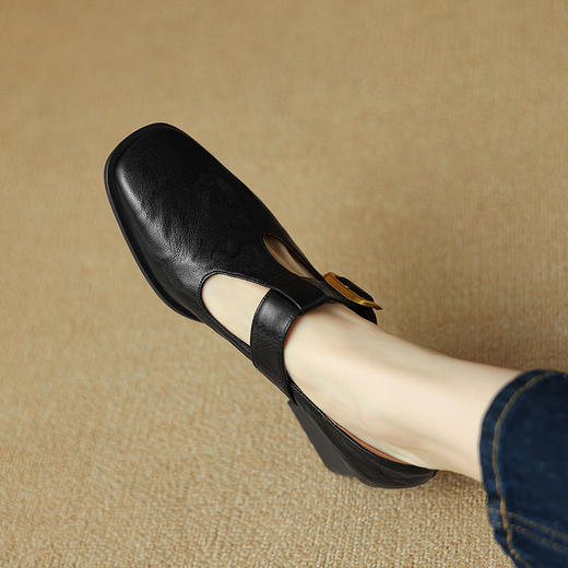 【预售5天】复古丁字扣中跟单鞋女2025新款软羊皮方头玛丽珍鞋粗跟棕色小皮鞋NJMK&K855 商品图2