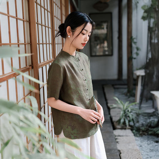 新中式2025夏款印花亚麻衬衫高端立领衬衣QM6440 商品图2