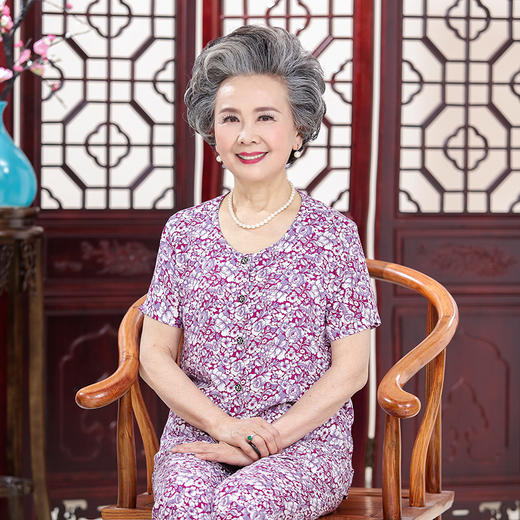 中老年人开襟棉绸睡衣套装，奶奶装短袖开衫休闲家居服妈妈睡衣HYL-2482 商品图2