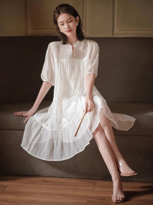 会员福利【莱赛尔天丝】拉夏贝尔/La Chapelle纯色小V领褶皱拼接短袖系带连衣裙夏季2025年新款 商品图8