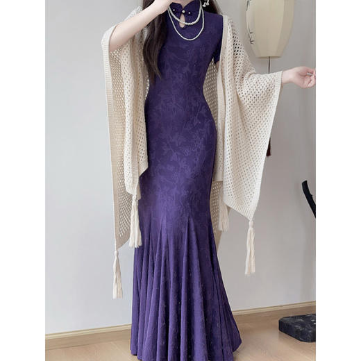 LSB3902《黛花墨语》长款黄色紫色旗袍新中式改良年轻款少女鱼尾裙 商品图1