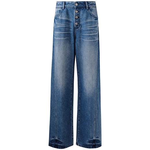 SELFWHO纯棉复古猫须水洗排扣蓝色牛仔裤女2025秋新款宽松直筒裤 商品图4