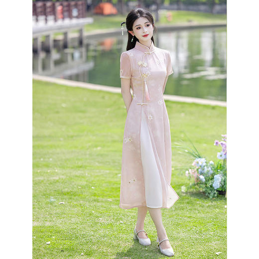 LSB3953 淡粉色旗袍2025新款夏季改良年轻款少女新中式奥黛国风女装连衣裙 商品图3