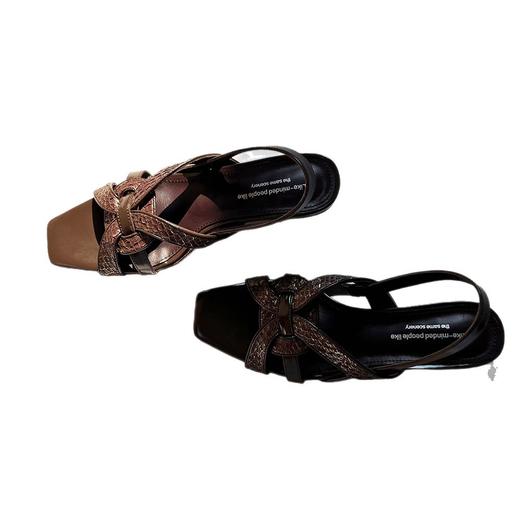 复古露趾5.5cm凉鞋女2025夏季新品鳗鱼皮方头时尚一脚蹬编制凉鞋 商品图4