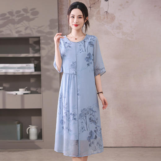 GYYays5336高端气质减龄夏季冰丝连衣裙女2025新款新中式国风妈妈印花长裙子 商品图2