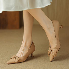 【预售5天】软羊皮真皮红色小跟高跟鞋，红色蝴蝶结尖头单鞋YF&d6096