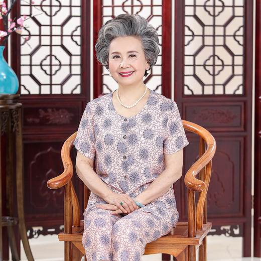 中老年人开襟棉绸睡衣套装，奶奶装短袖开衫休闲家居服妈妈睡衣HYL-2482 商品图3