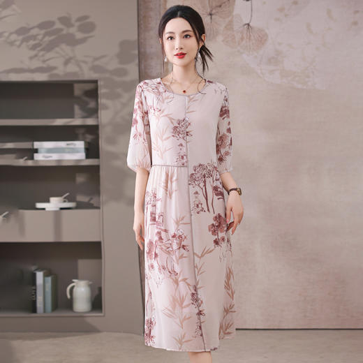 GYYays5336高端气质减龄夏季冰丝连衣裙女2025新款新中式国风妈妈印花长裙子 商品图3