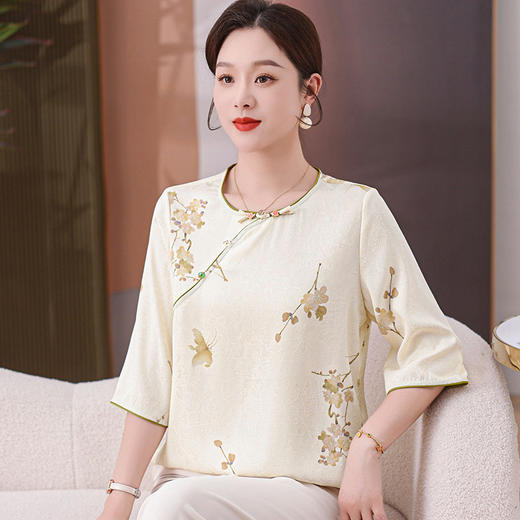 GYYly2913妈妈夏装薄款中袖印花上衣中老年女时尚圆领新款T恤气质冰丝小衫 商品图0